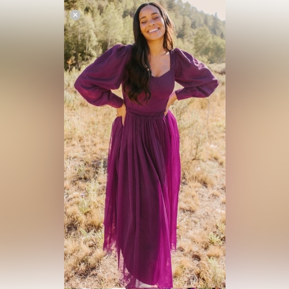 Ivy City Co Florence Dress Plum XL Puff Sleeve Smocked Purple Maxi Midi Tulle - Picture 3 of 16